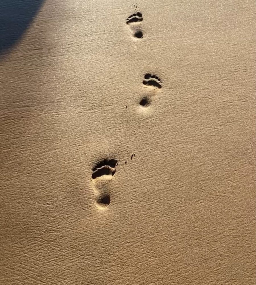 Fußspuren im Sand am Meer. Sinnsuche. Sinn des Lebens finden.